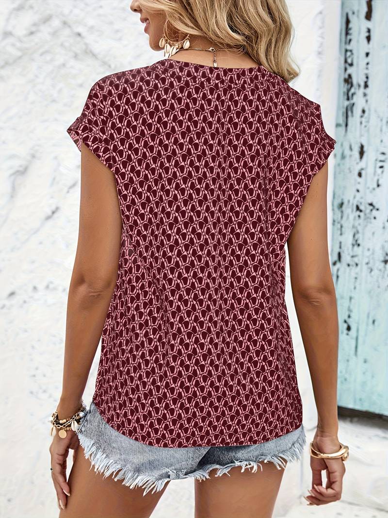Geometrisk V-hals kortærmet T-shirt til kvinder