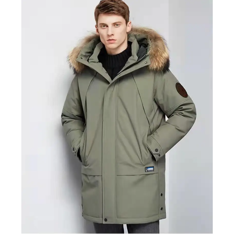 Parka vinterfrakke til mænd med pelshætte og vindtæt materiale