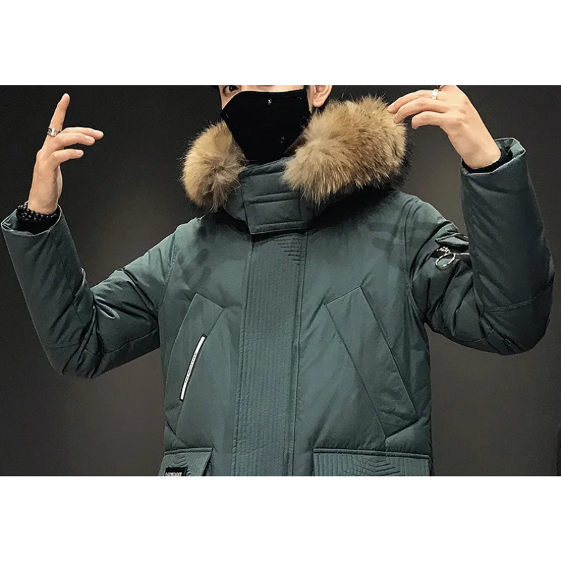 Parka vinterfrakke til mænd med pelshætte og lange ærmer