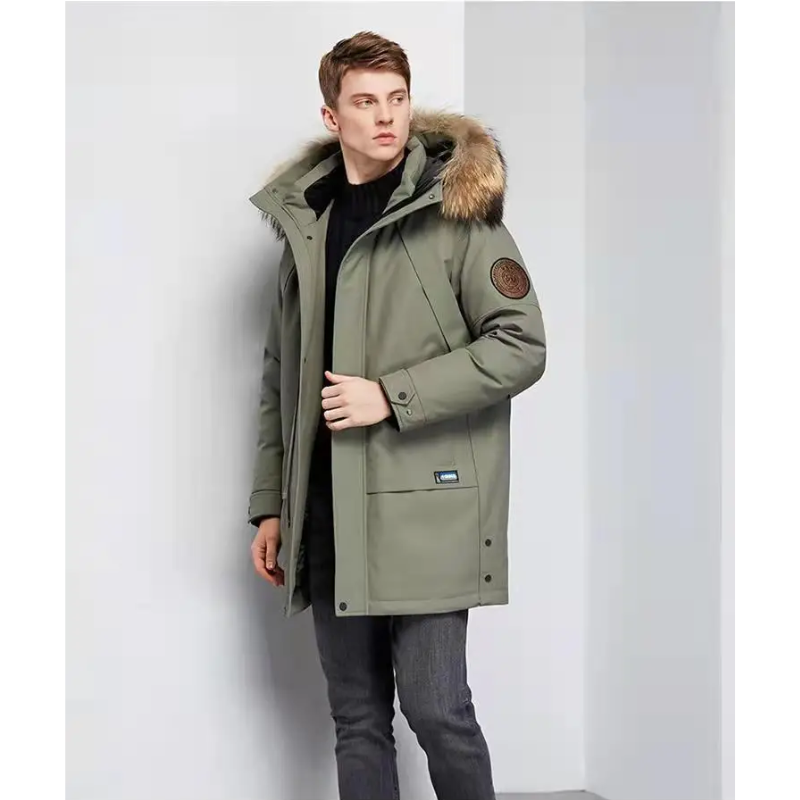 Parka vinterfrakke til mænd med pelshætte og vindtæt materiale