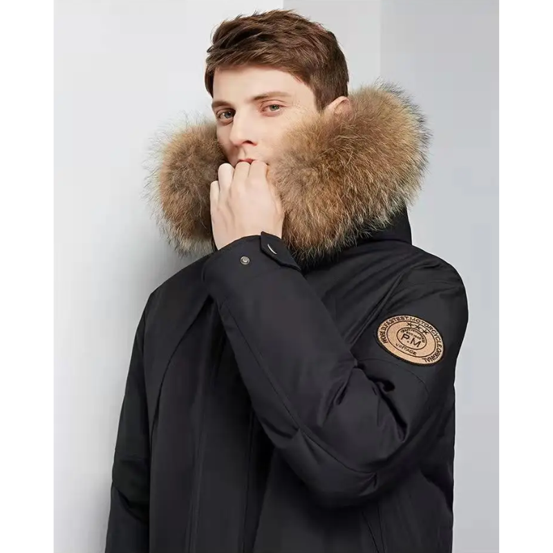 Parka vinterfrakke til mænd med pelshætte og vindtæt materiale