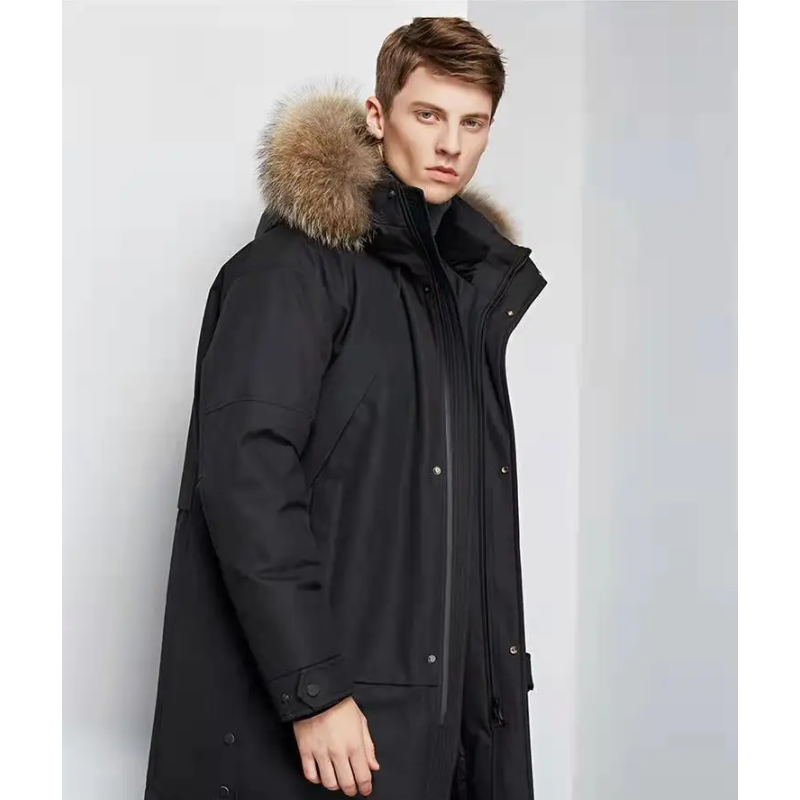Parka vinterfrakke til mænd med pelshætte og vindtæt materiale