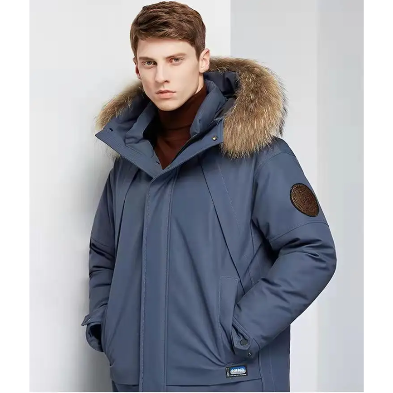 Parka vinterfrakke til mænd med pelshætte og vindtæt materiale