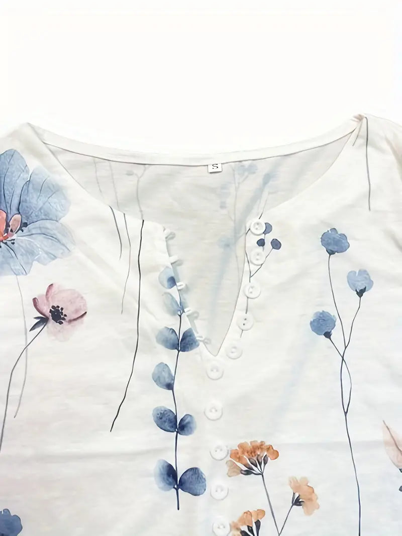 Top med blomstermønster, knapper og klokkeærmer til kvinder