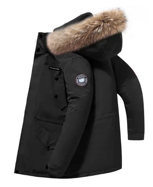 Parka vinterfrakke til mænd med pelshætte og knaplukning