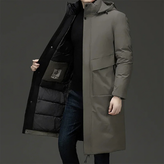Parka vinterjakke til mænd, lang model med hætte og varmt