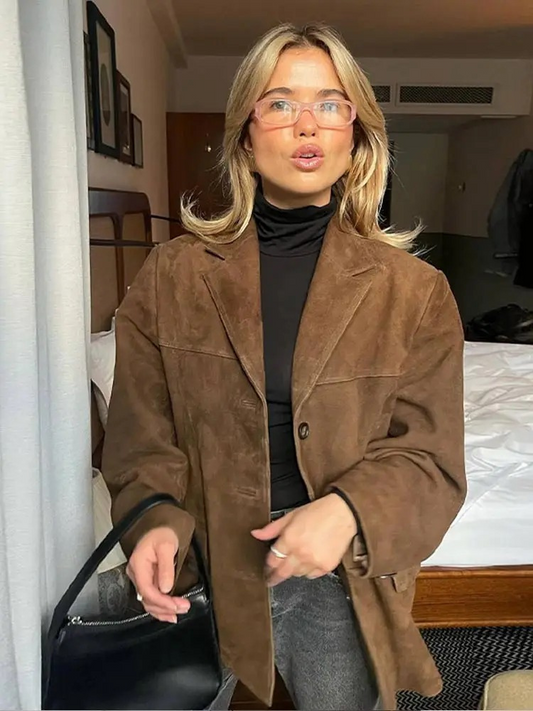 Trenchcoat i ruskind til kvinder, oversize pasform