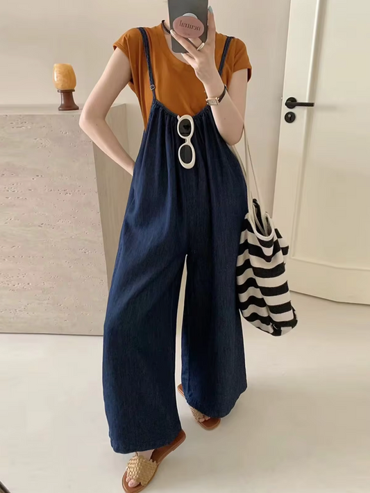 Okkerfarvet jumpsuit i denim til kvinder