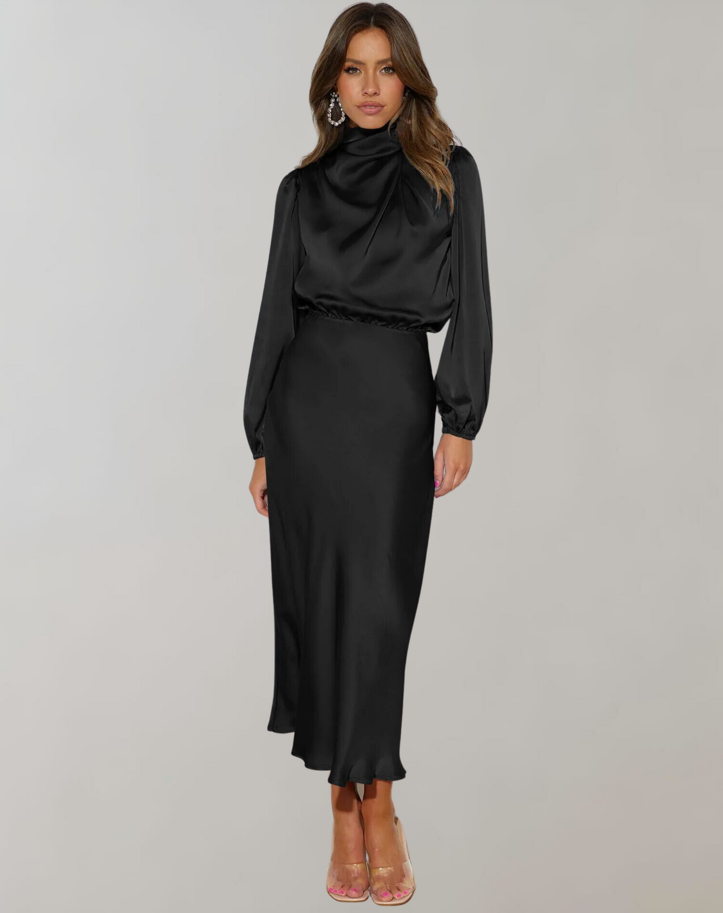 Elegant langærmet kjole i satin til kvinder