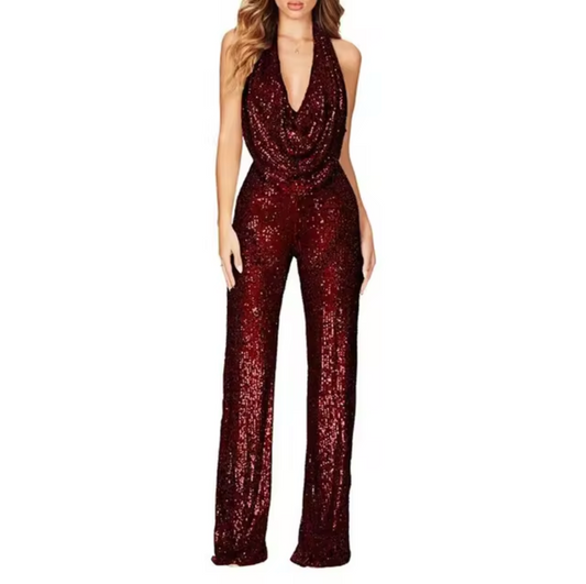 Jumpsuit med halterneck og pailletter til kvinder