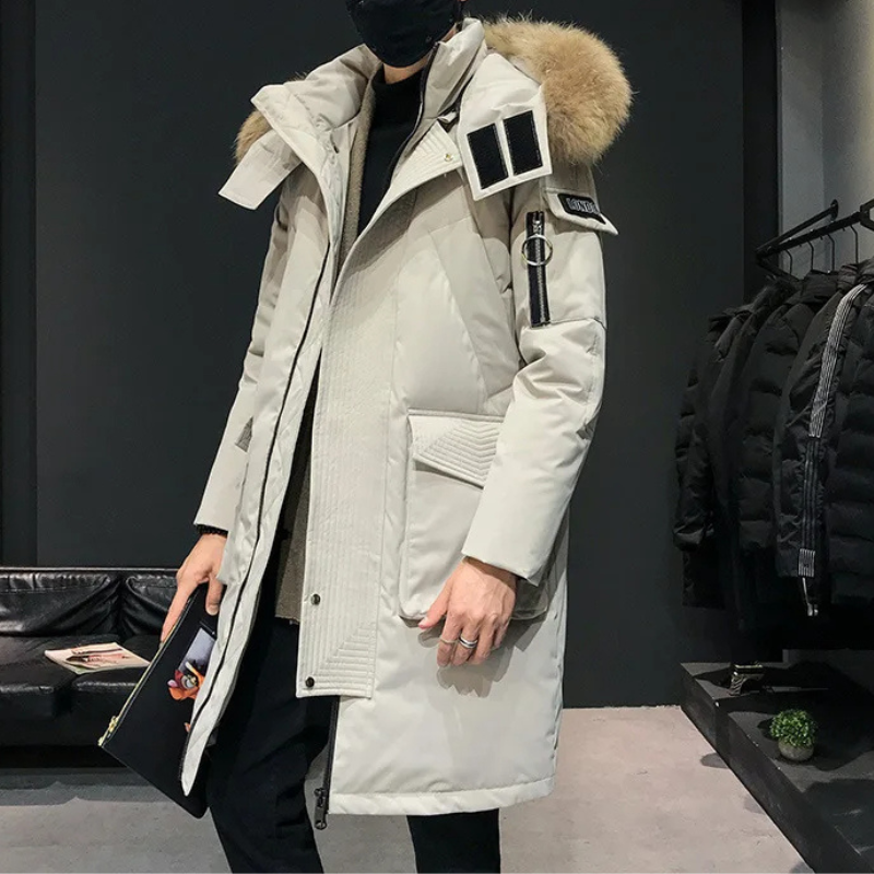 Parka vinterfrakke til mænd med pelshætte og lange ærmer
