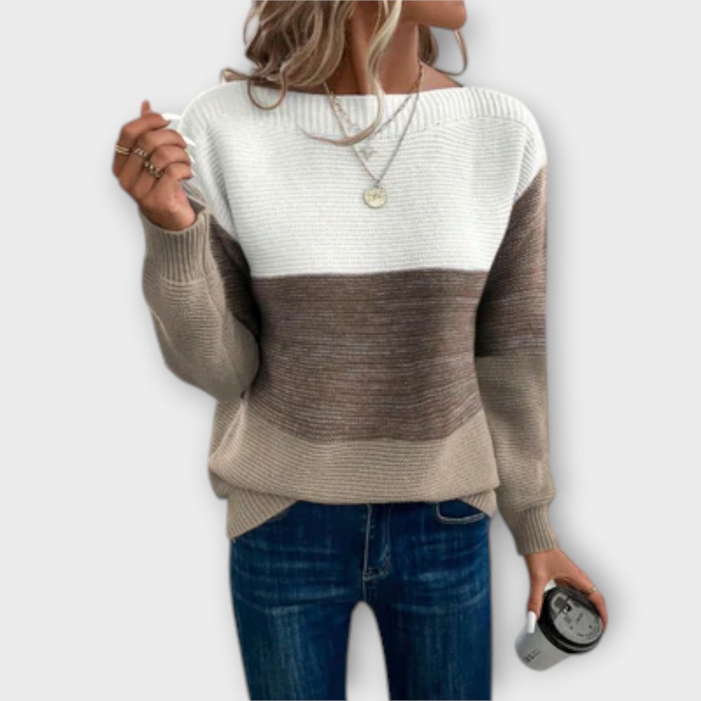 Elegant trefarvet patchwork-trøje til kvinder
