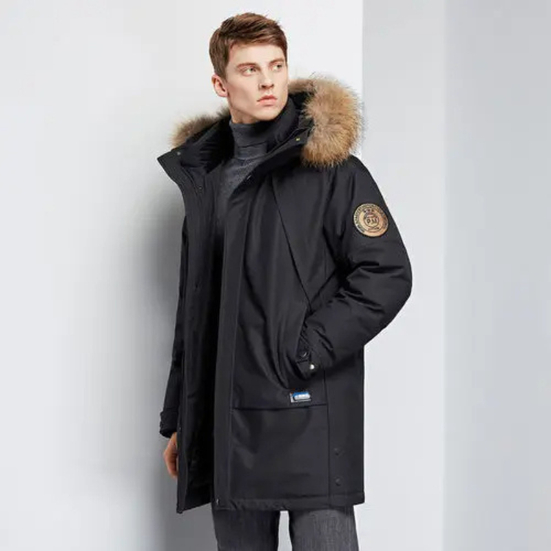 Parka vinterfrakke til mænd med pelshætte og vindtæt materiale