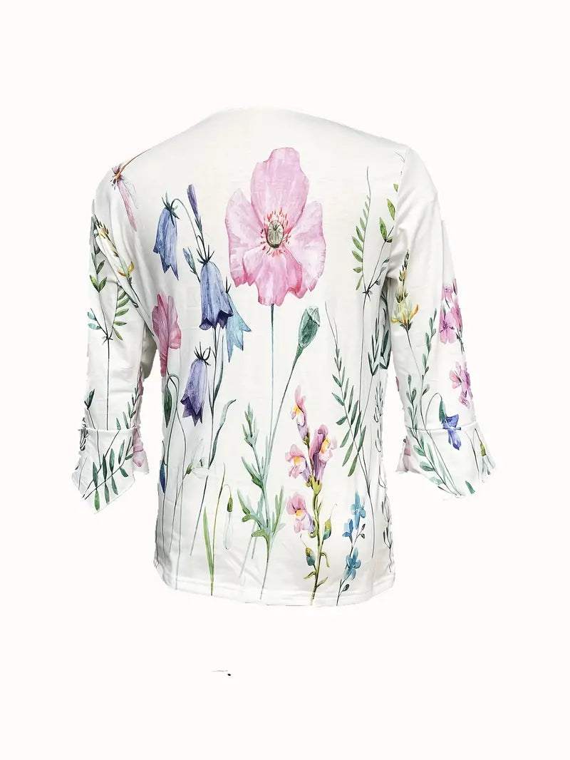 Top med blomstermønster, knapper og klokkeærmer til kvinder