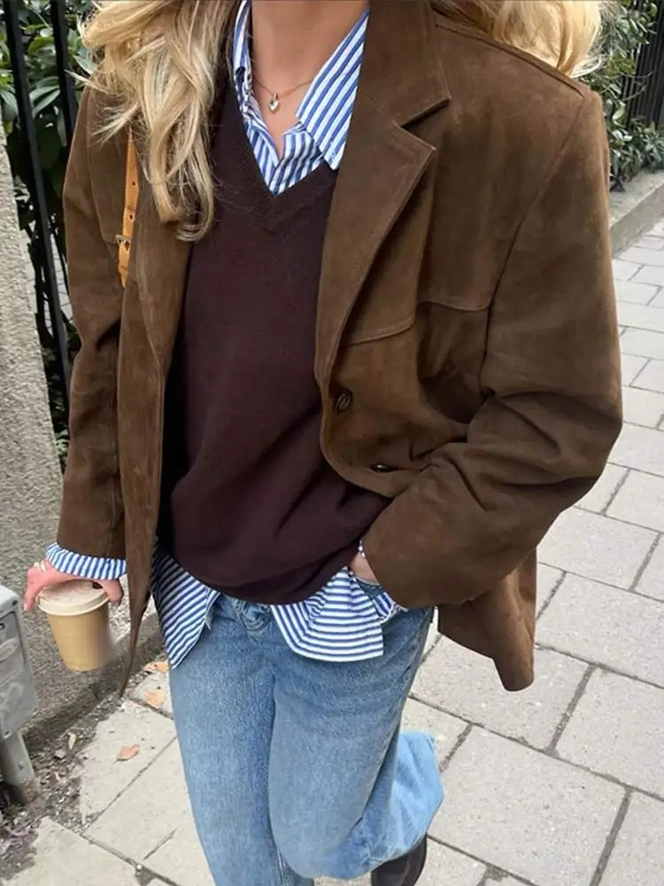 Trenchcoat i ruskind til kvinder, oversize pasform