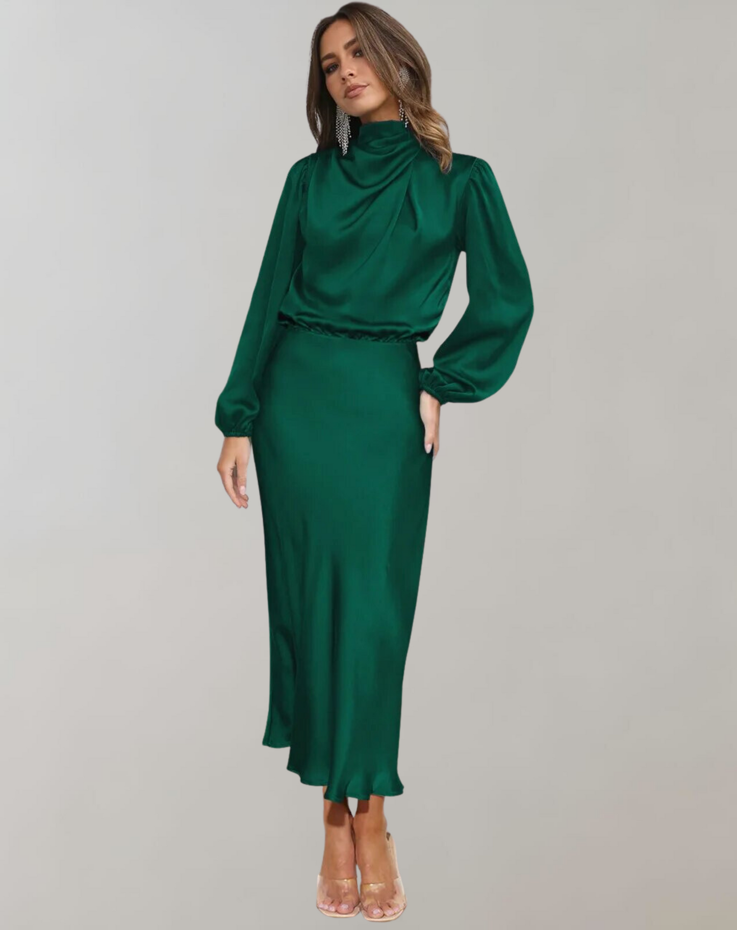 Elegant langærmet kjole i satin til kvinder