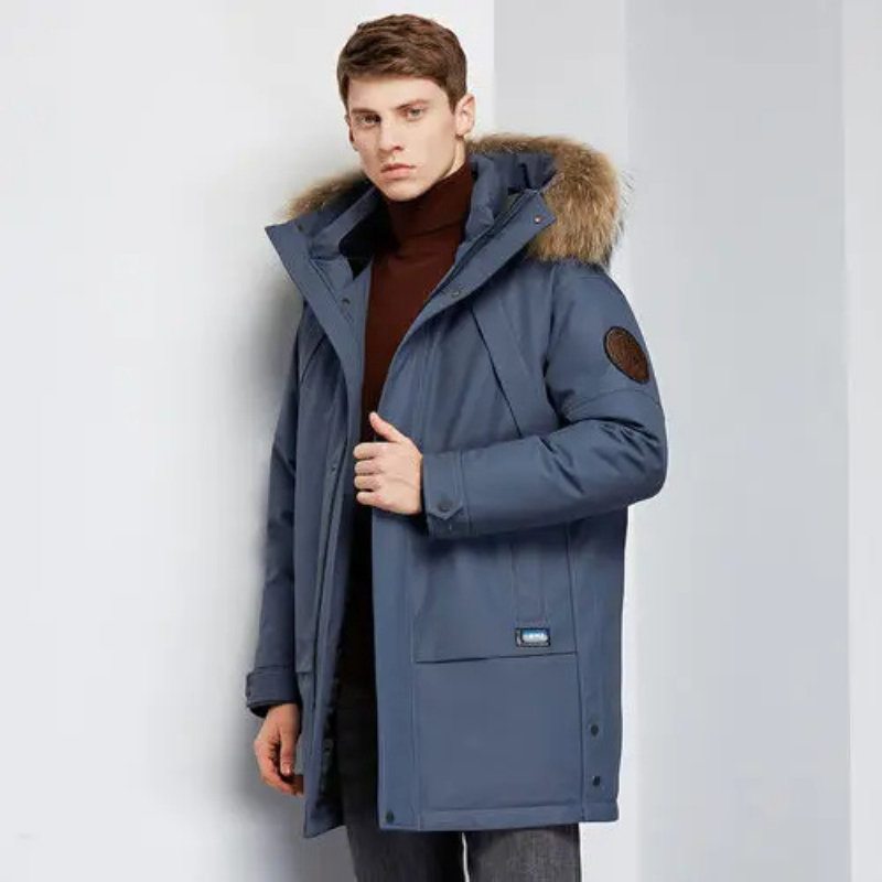 Parka vinterfrakke til mænd med pelshætte og vindtæt materiale