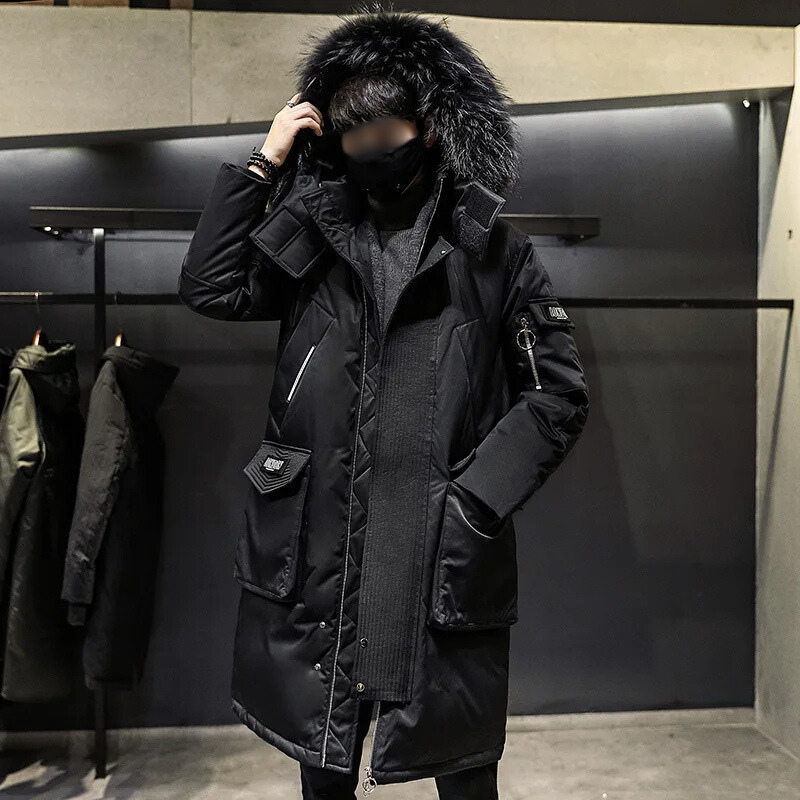 Parka vinterfrakke til mænd med pelshætte og lange ærmer