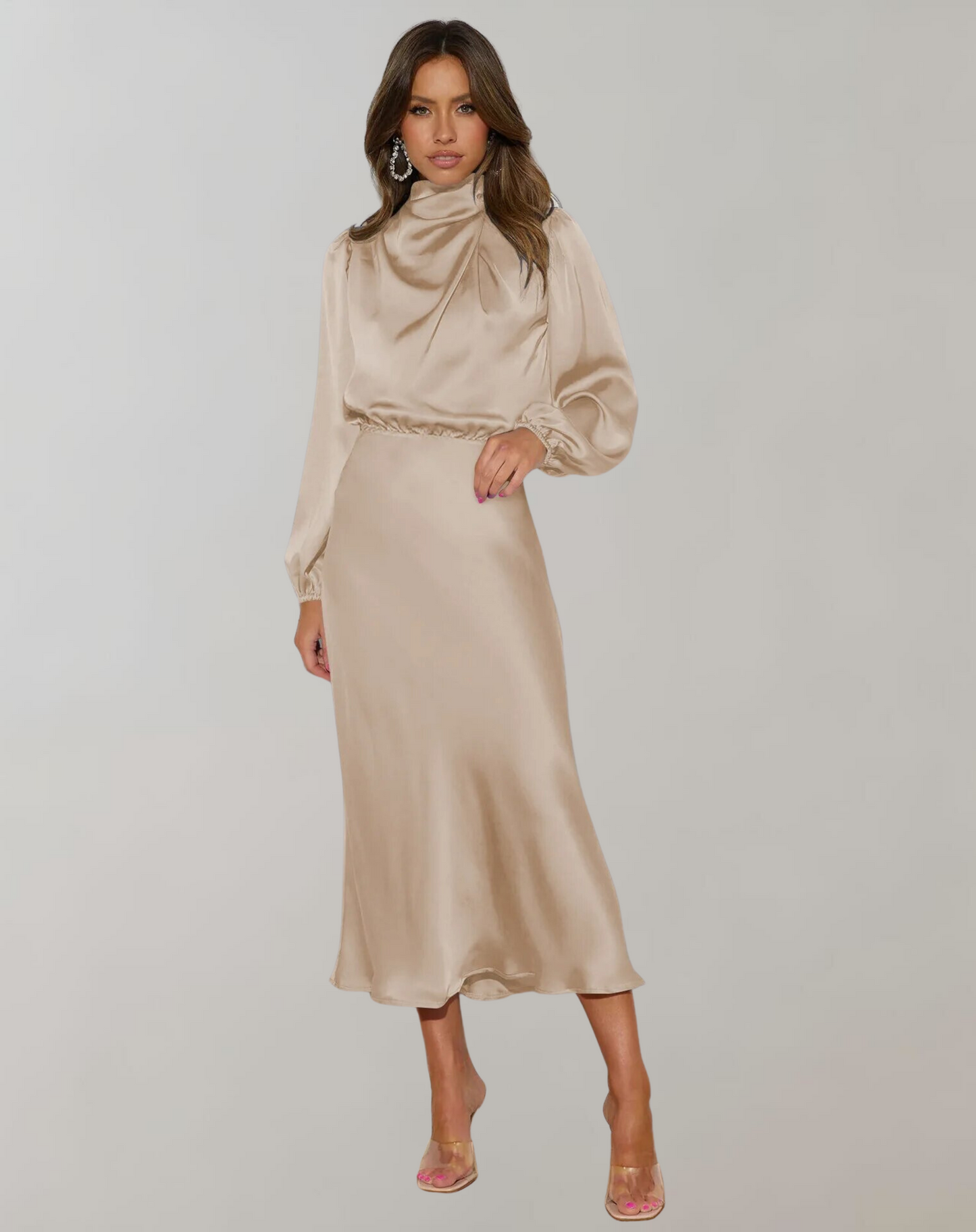 Elegant langærmet kjole i satin til kvinder