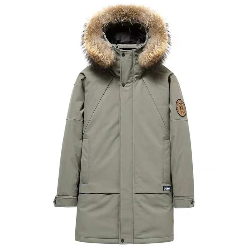 Parka vinterfrakke til mænd med pelshætte og vindtæt materiale