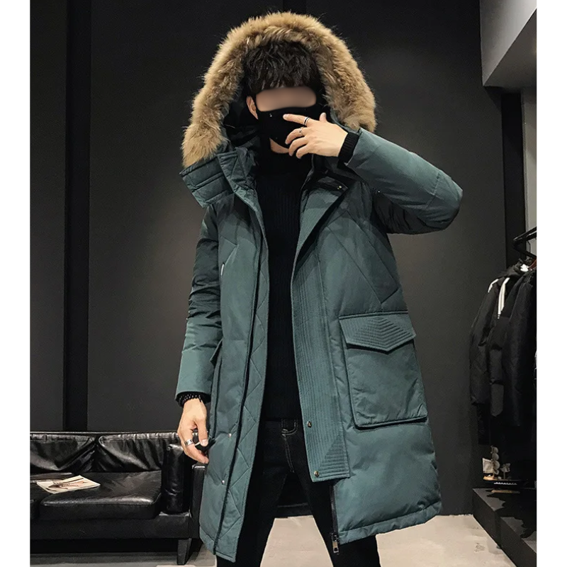 Parka vinterfrakke til mænd med pelshætte og lange ærmer