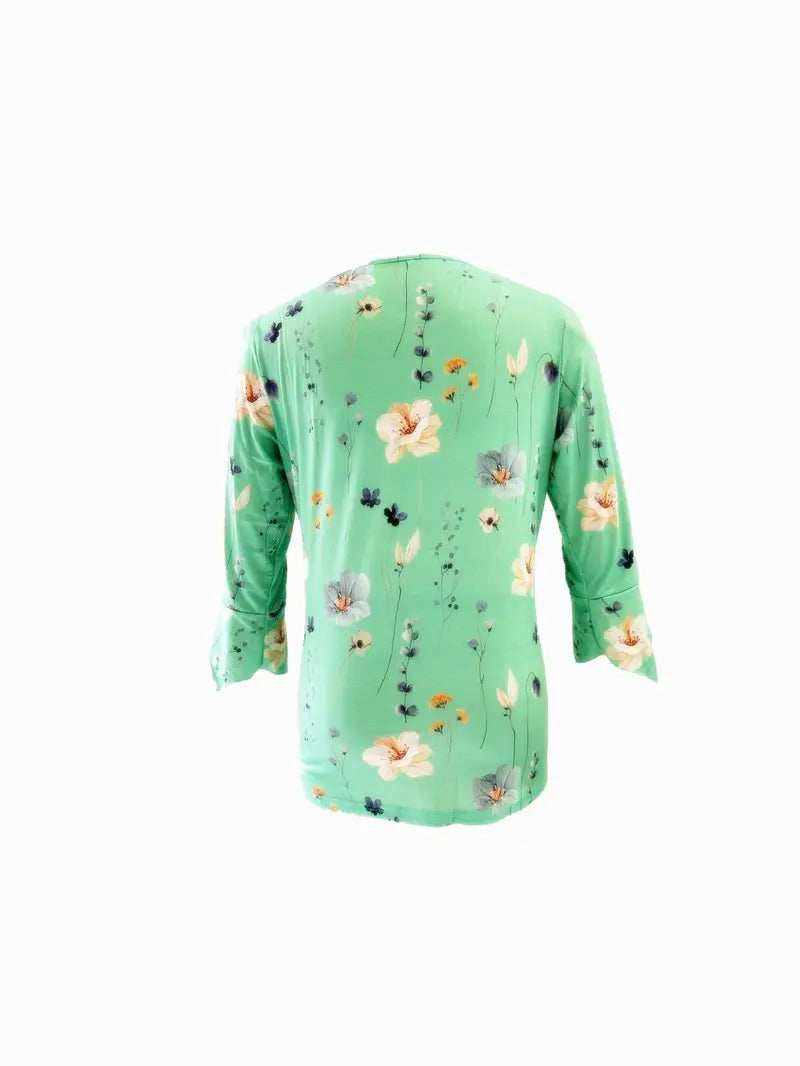 Top med blomstermønster, knapper og klokkeærmer til kvinder