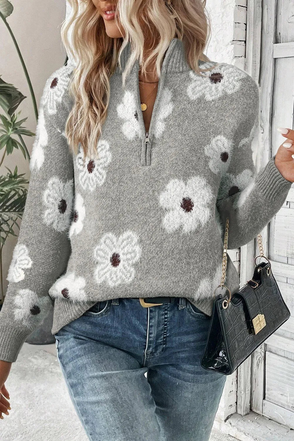 Blomstret sweater med halv lynlås til kvinder