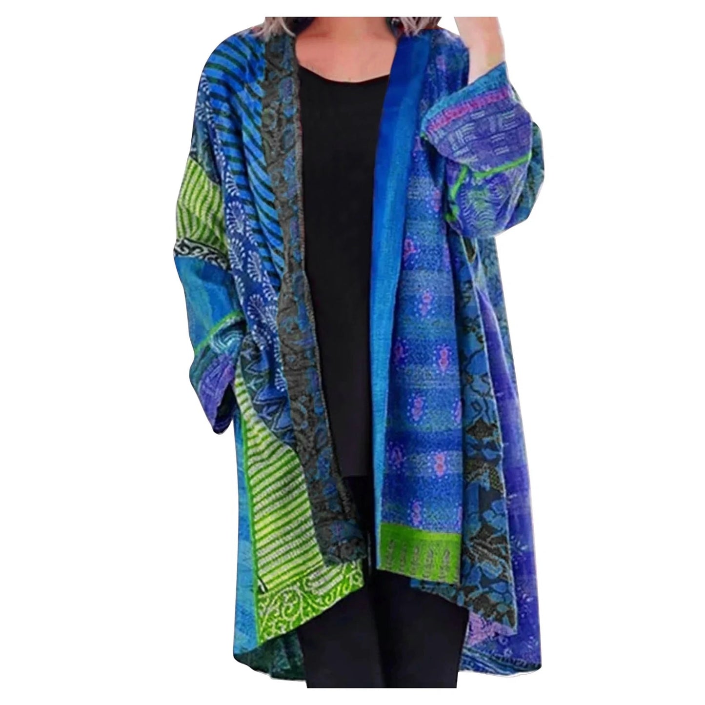 Løs strikket cardigan med etnisk print