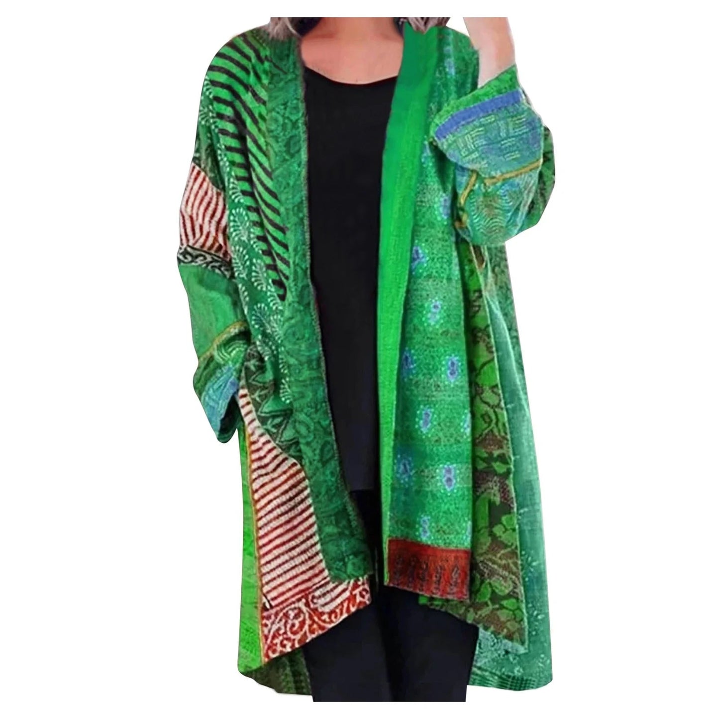 Løs strikket cardigan med etnisk print