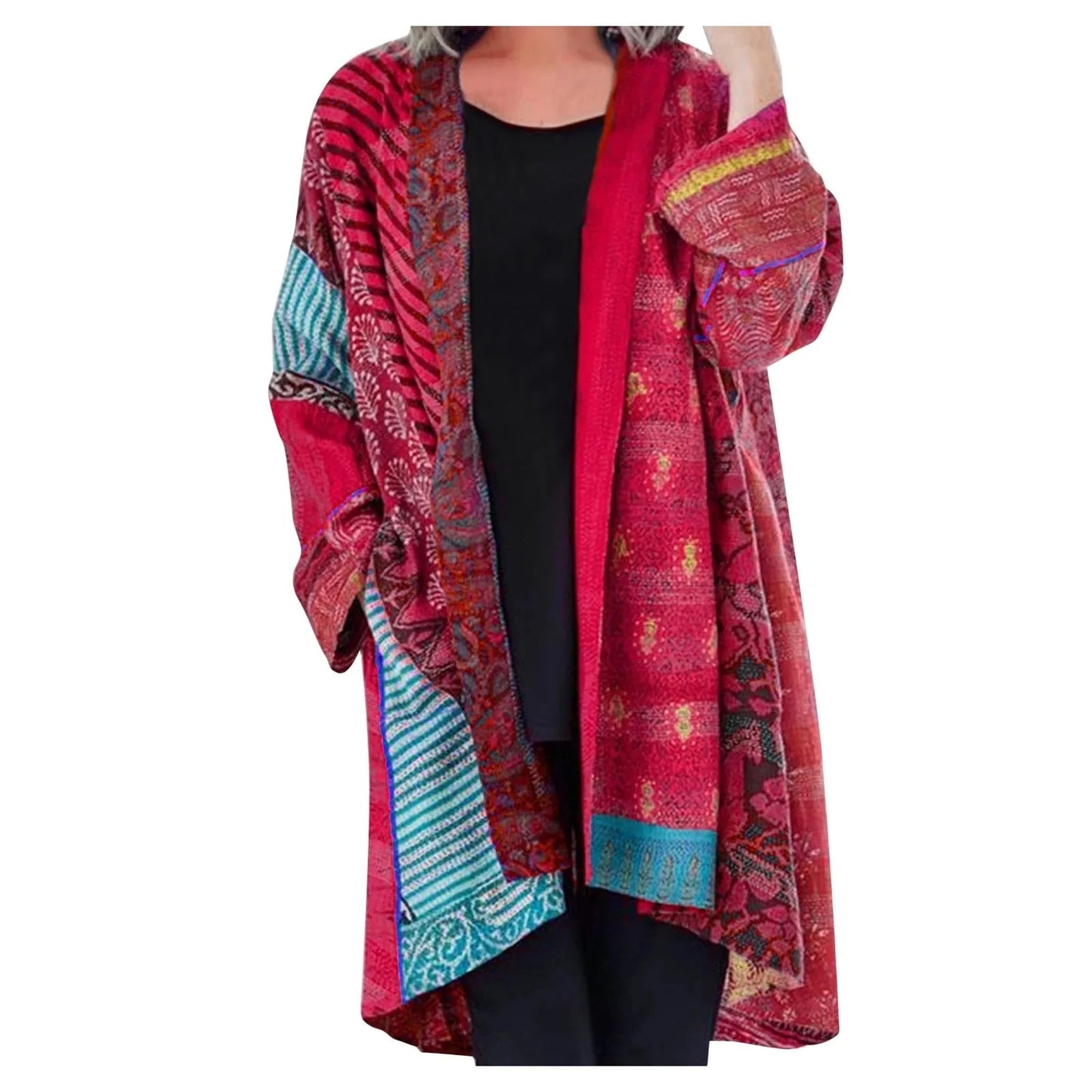 Løs strikket cardigan med etnisk print