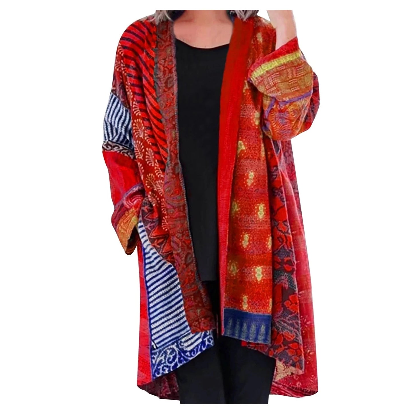 Løs strikket cardigan med etnisk print