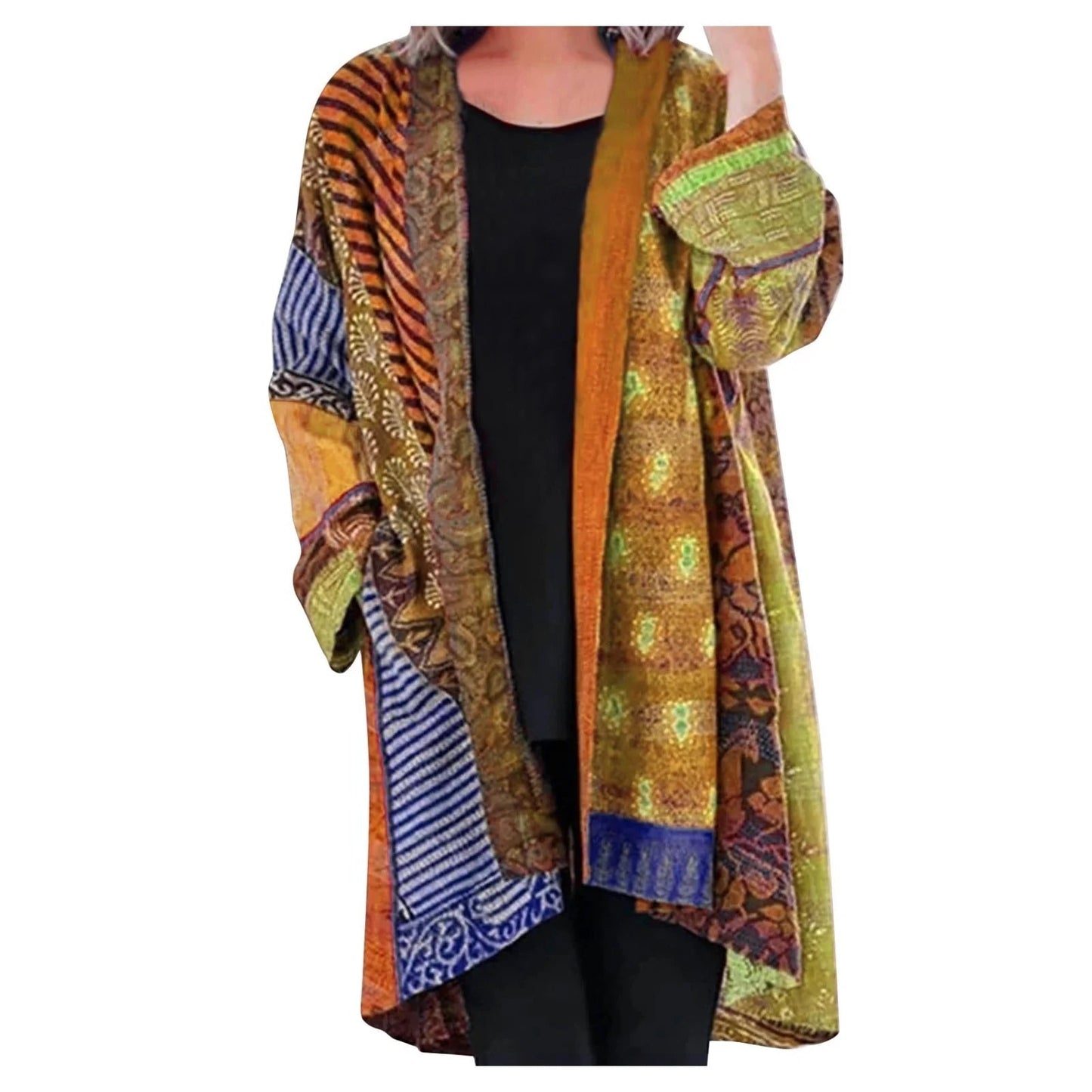 Løs strikket cardigan med etnisk print