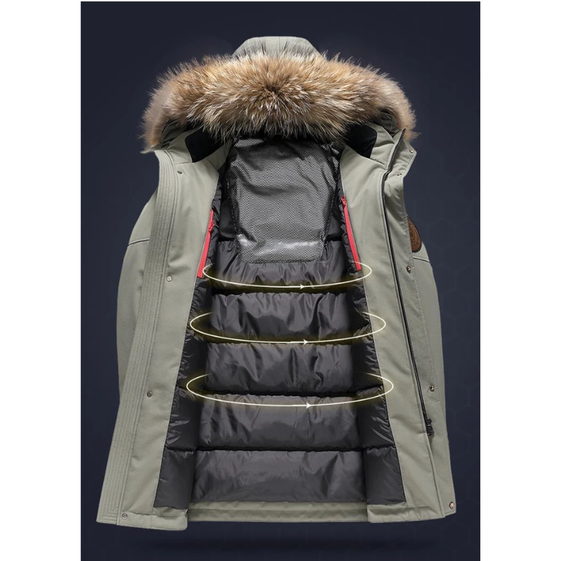 Parka vinterfrakke til mænd med pelshætte og vindtæt materiale