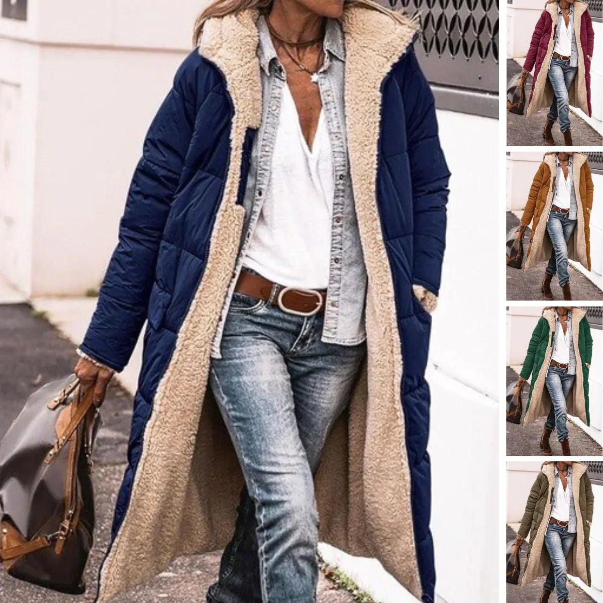 Vendbare lange pufferjakker i sherpa-fleece til kvinder