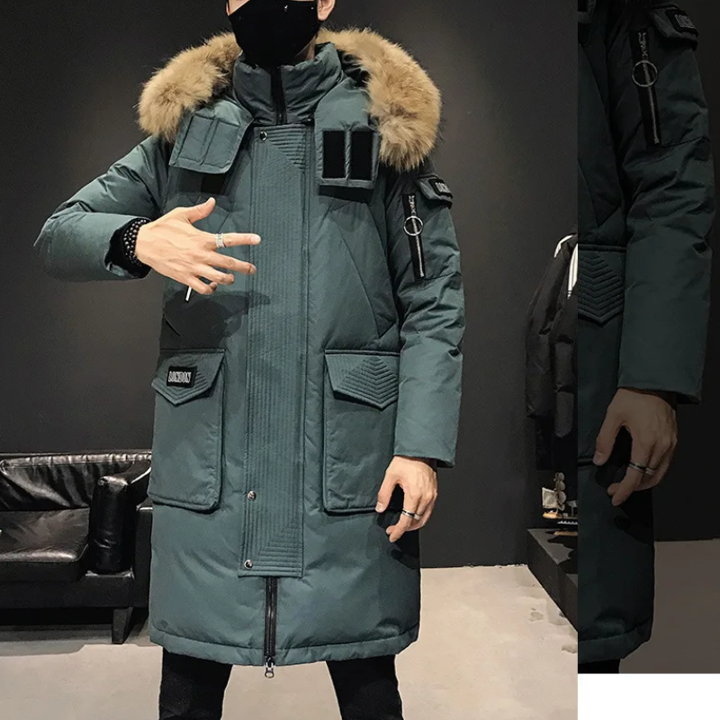Parka vinterfrakke til mænd med pelshætte og lange ærmer