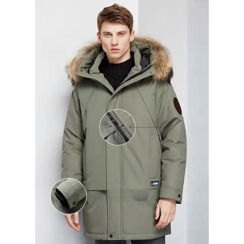 Parka vinterfrakke til mænd med pelshætte og vindtæt materiale