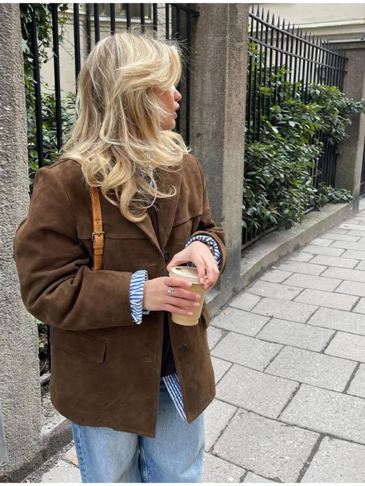 Trenchcoat i ruskind til kvinder, oversize pasform