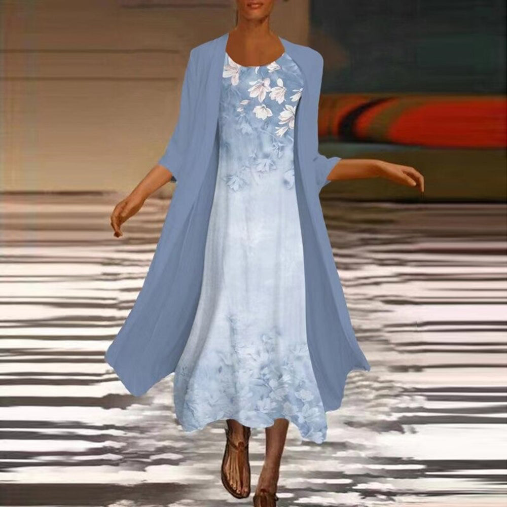 Elegant lang kjole med bluse og jakke til kvinder