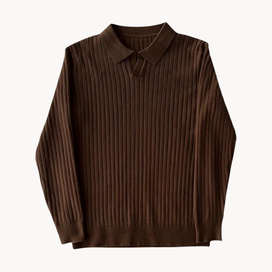 Elegant ribbet langærmet top med åben krave til mænd