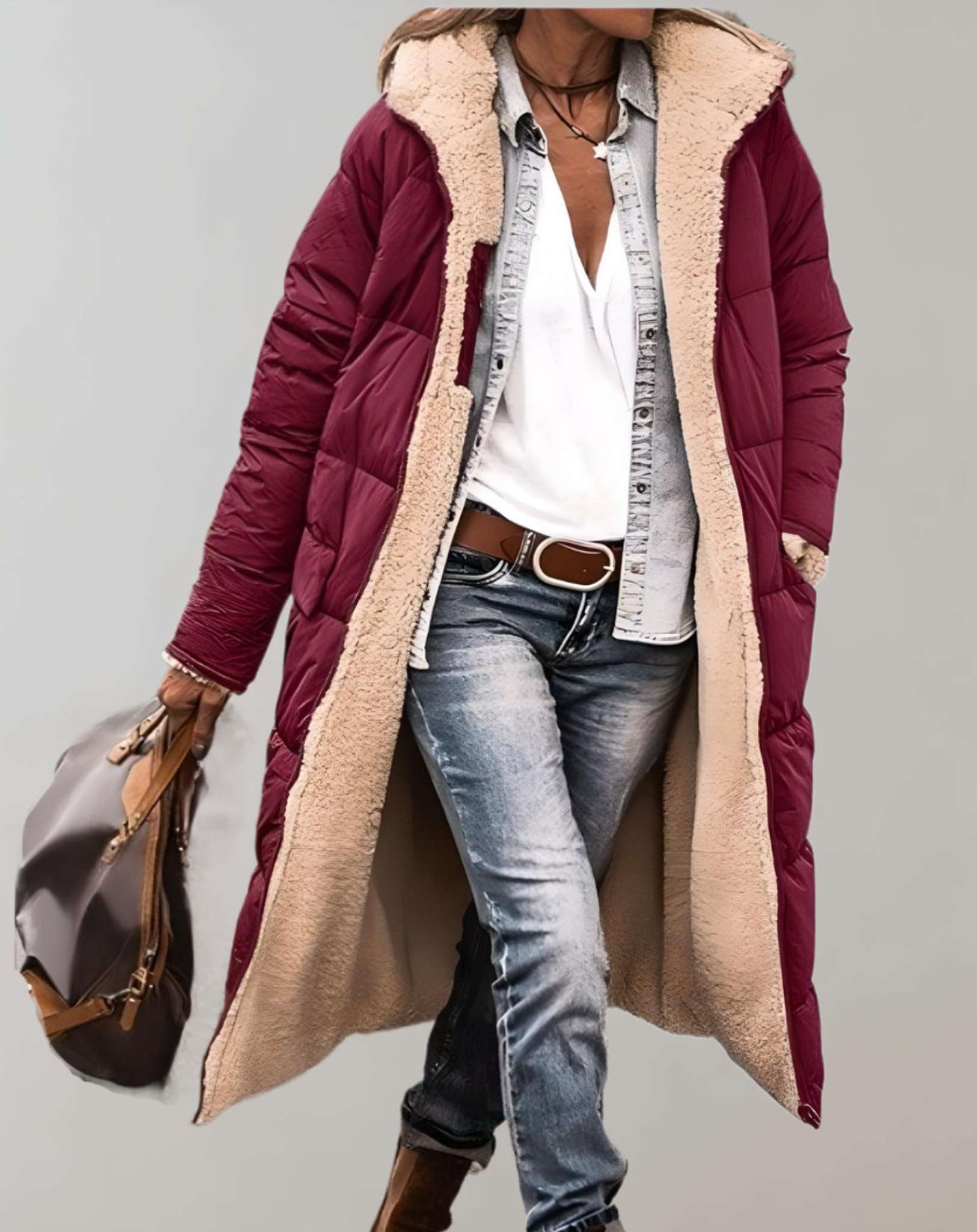 Varm vintertrenchcoat med fleeceforing til kvinder