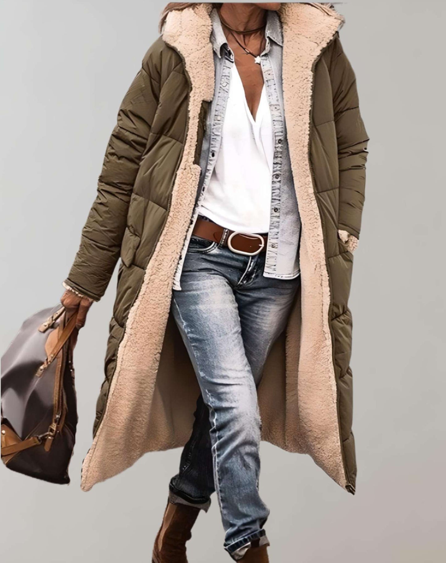 Varm vintertrenchcoat med fleeceforing til kvinder