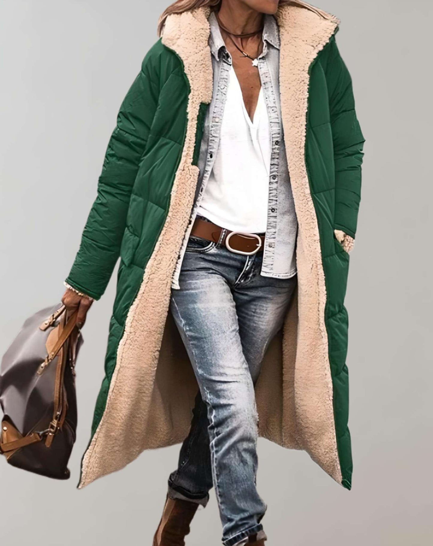 Varm vintertrenchcoat med fleeceforing til kvinder