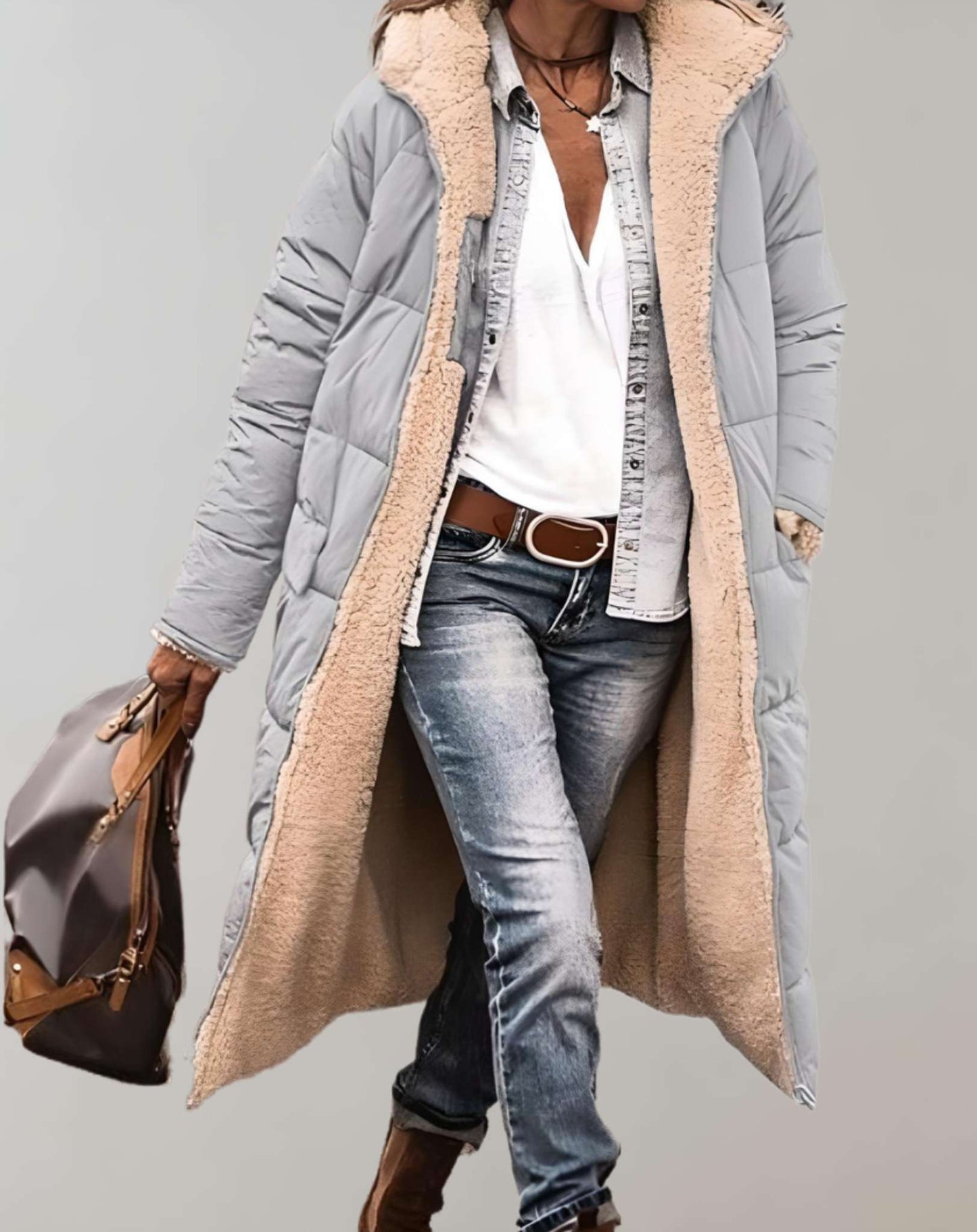 Varm vintertrenchcoat med fleeceforing til kvinder