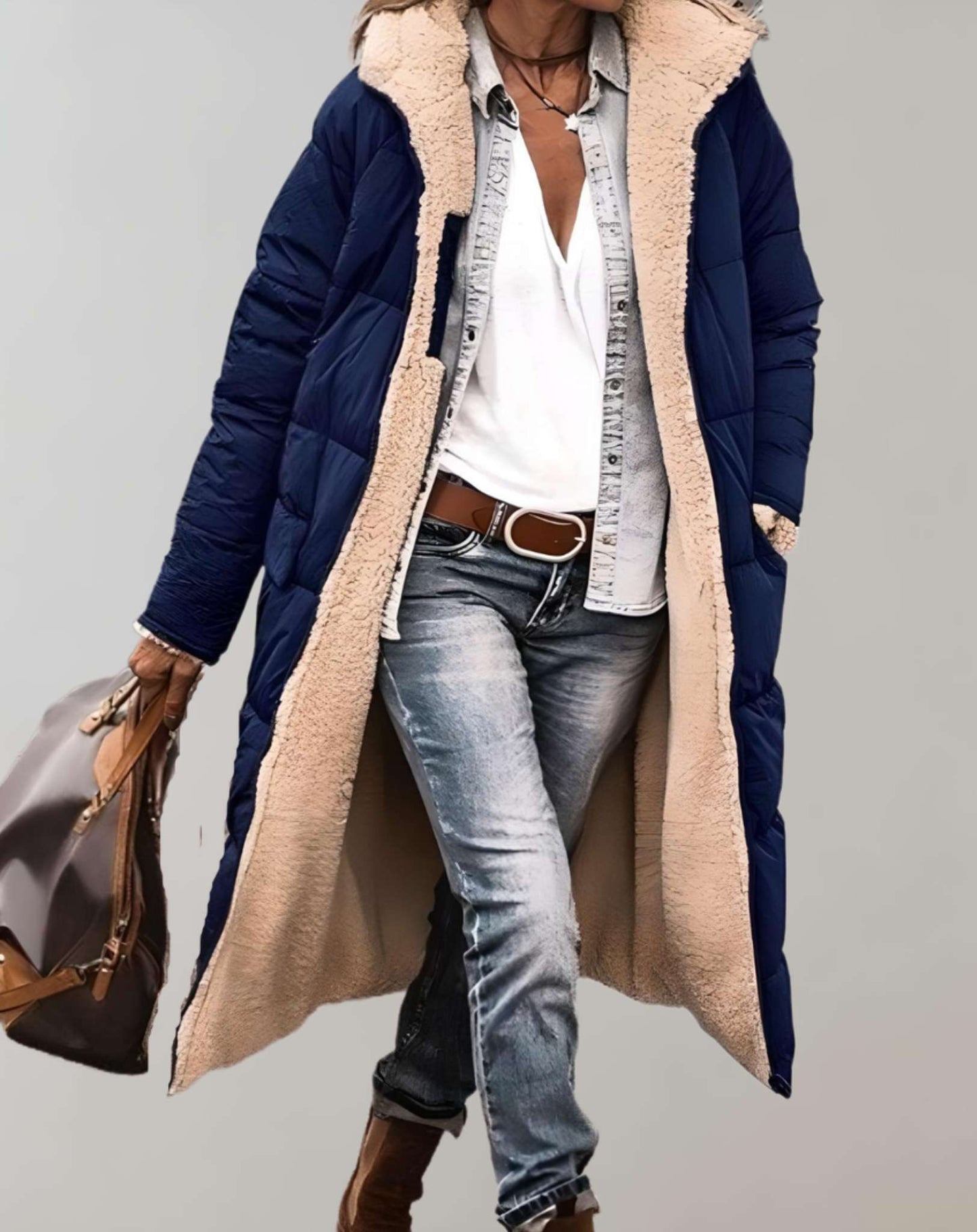 Varm vintertrenchcoat med fleeceforing til kvinder