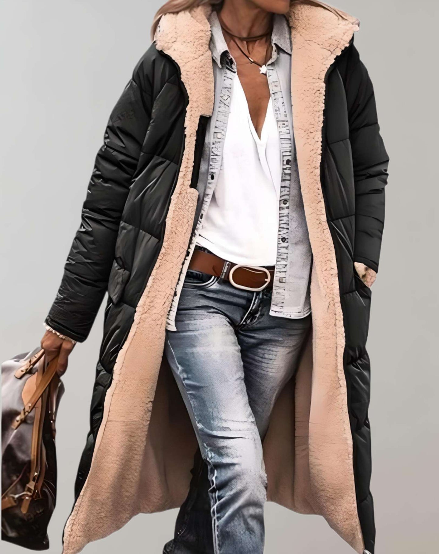 Varm vintertrenchcoat med fleeceforing til kvinder
