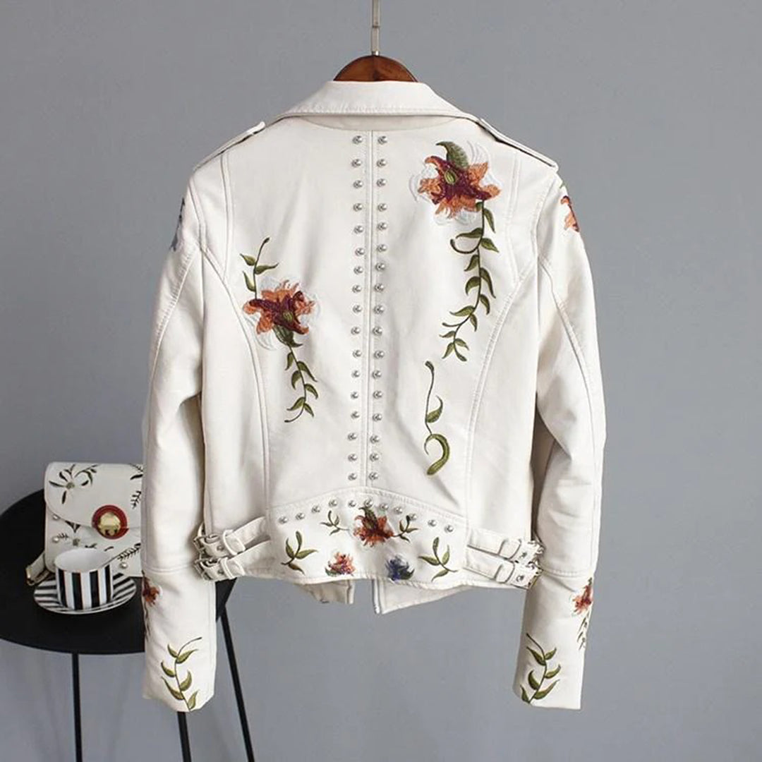 Læderjakke med blomster i punk-stil til kvinder