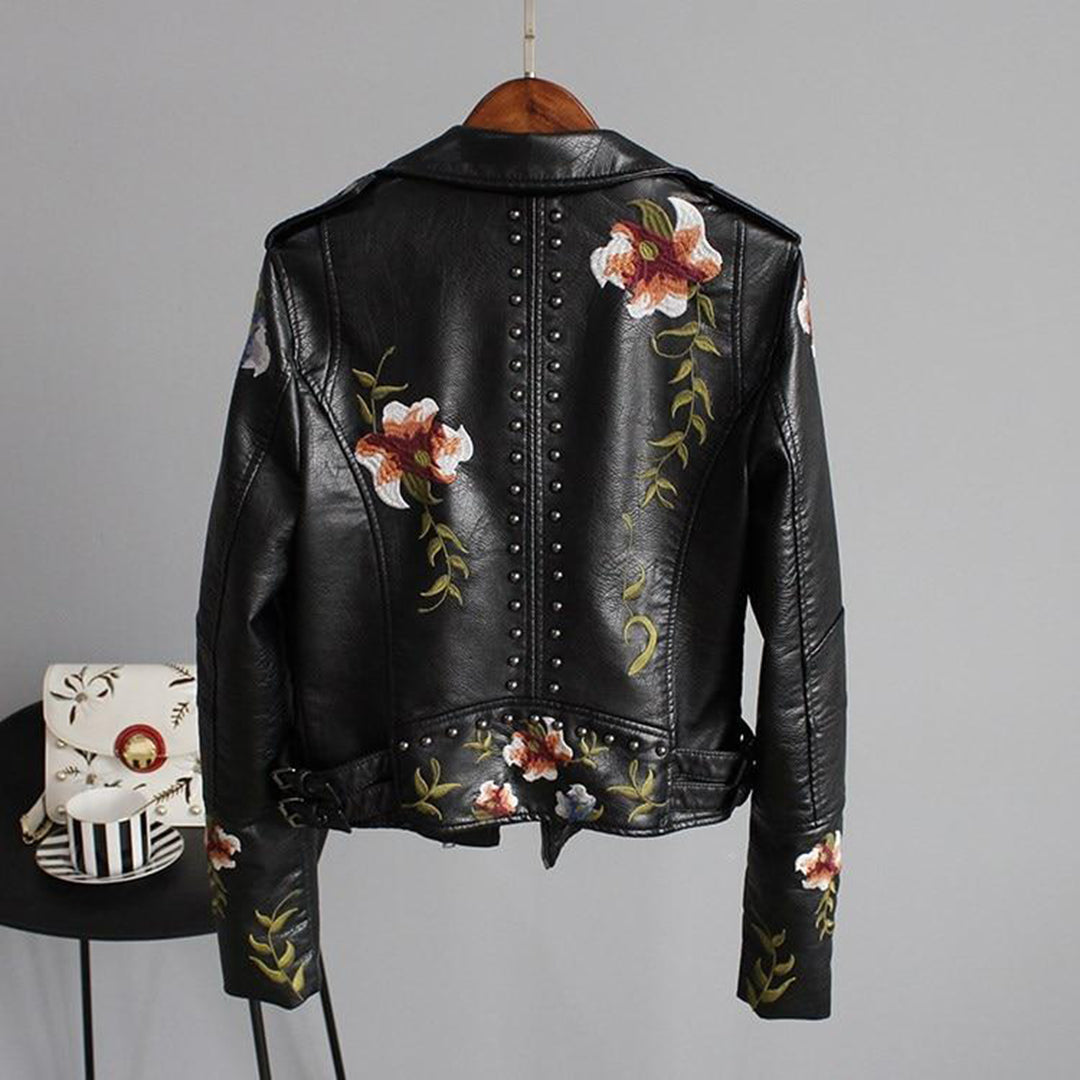 Læderjakke med blomster i punk-stil til kvinder