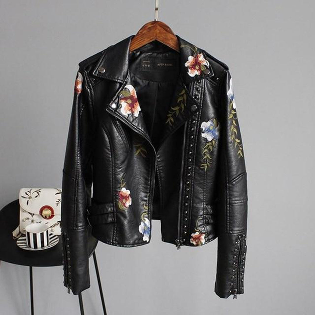 Læderjakke med blomster i punk-stil til kvinder
