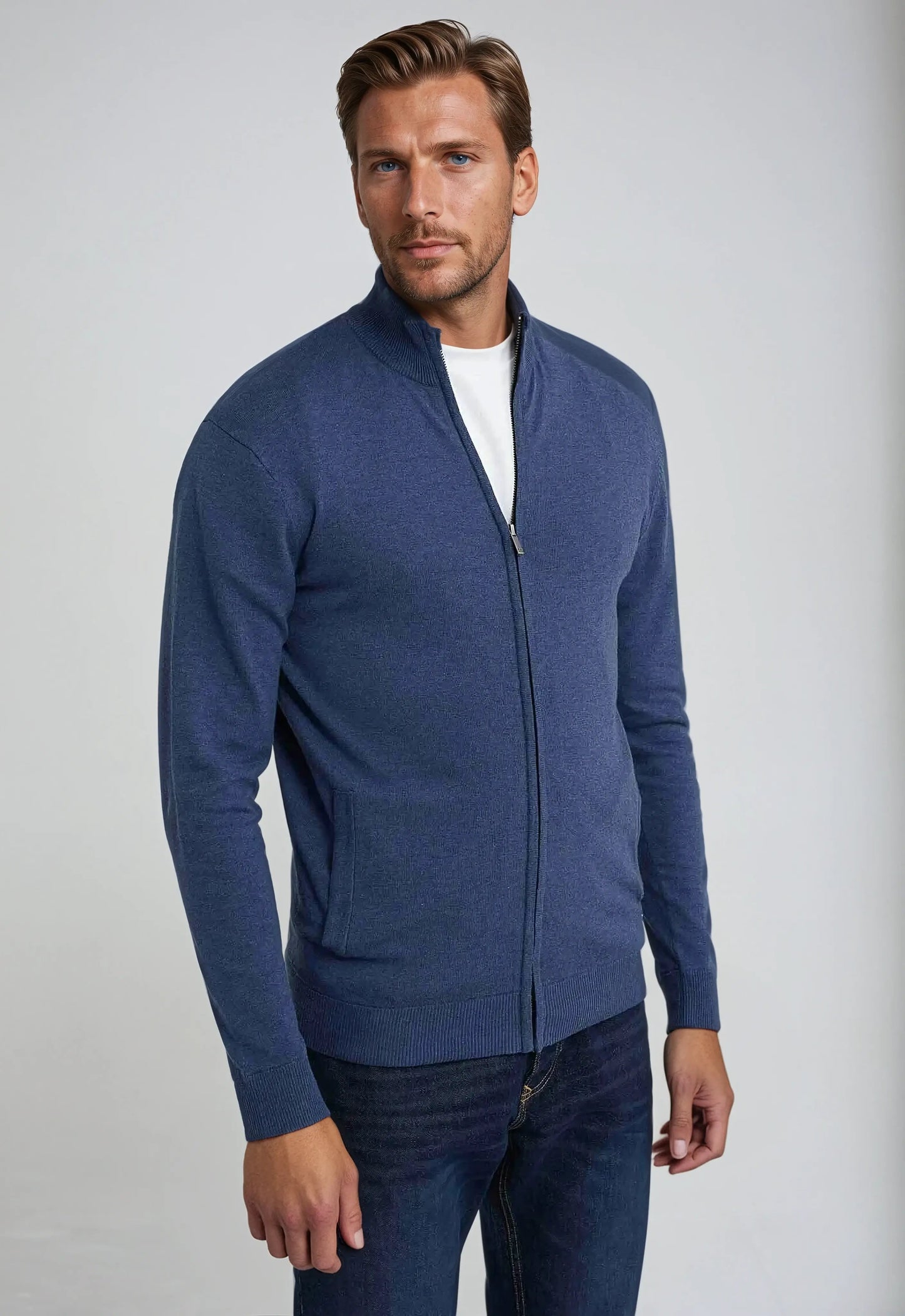 Blå herre-sweater med fuld lynlås