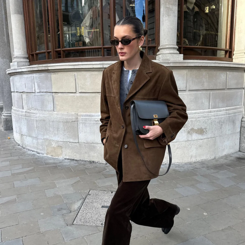 Oversize Braune Wildleder Umlegekragen Lang Jacke til kvinder